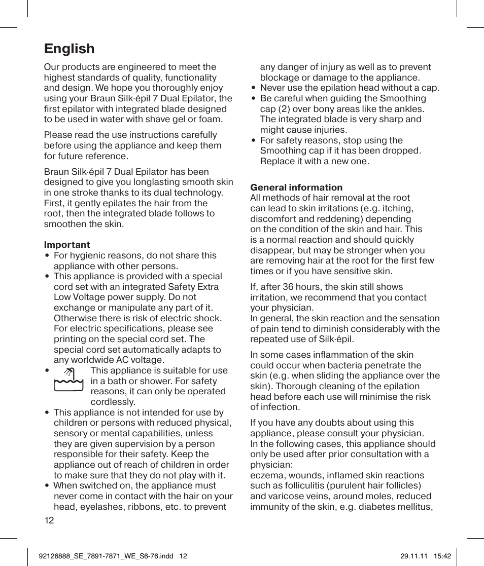 English | Braun 7771 Silk-épil 7 Dual Epilator Legs User Manual | Page 12 / 74