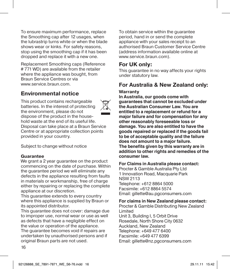 Environmental notice, For uk only, For australia & new zealand only | Braun 7771 Silk-épil 7 Dual Epilator Legs User Manual | Page 16 / 74