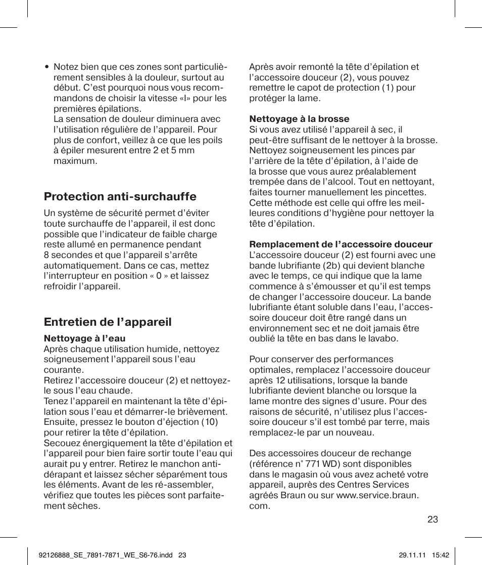 Protection anti-surchauffe, Entretien de l’appareil | Braun 7771 Silk-épil 7 Dual Epilator Legs User Manual | Page 23 / 74