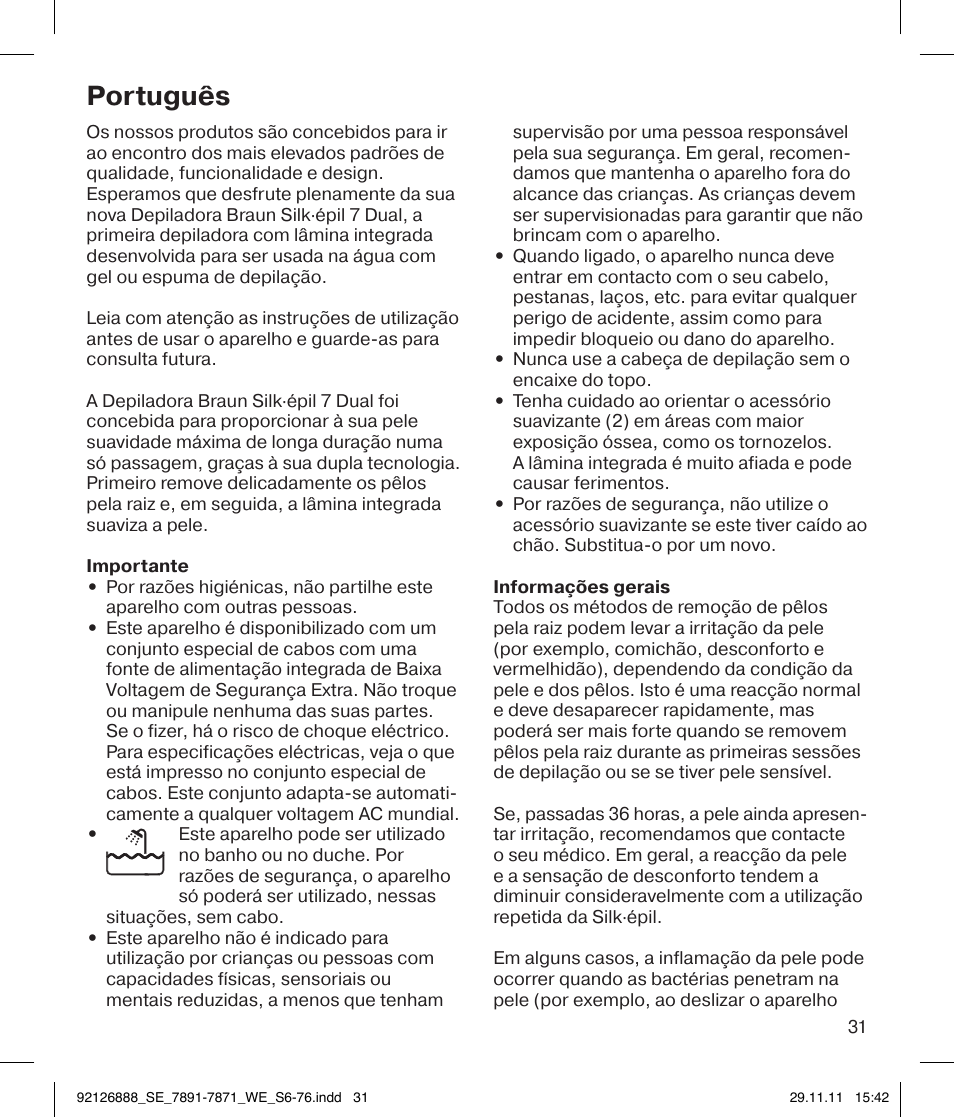 Português | Braun 7771 Silk-épil 7 Dual Epilator Legs User Manual | Page 31 / 74