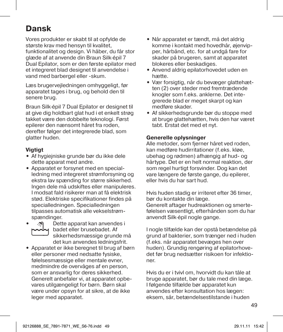 Dansk | Braun 7771 Silk-épil 7 Dual Epilator Legs User Manual | Page 49 / 74