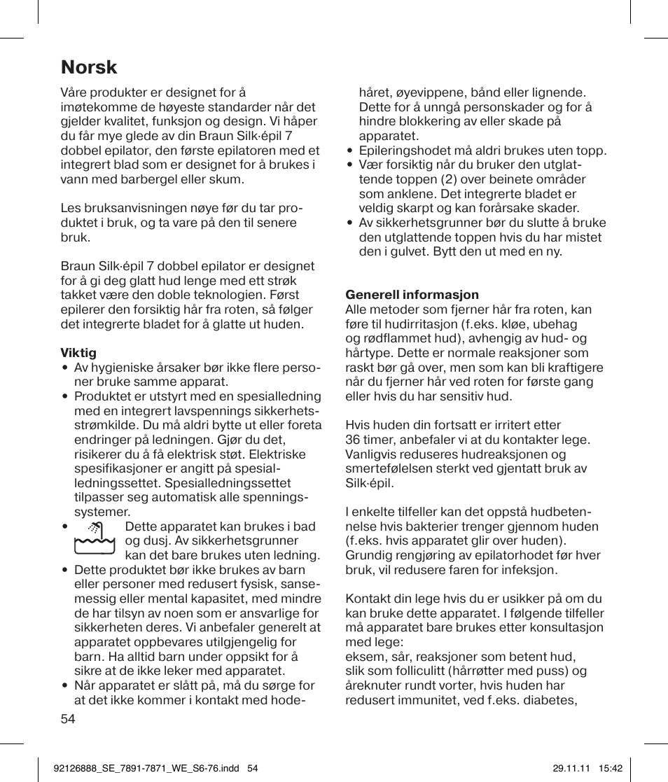 Norsk | Braun 7771 Silk-épil 7 Dual Epilator Legs User Manual | Page 54 / 74