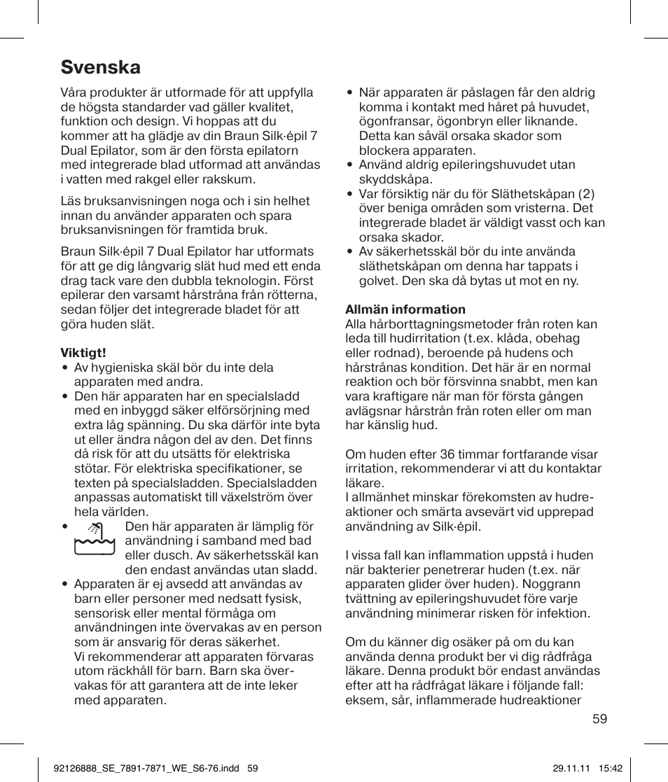 Svenska | Braun 7771 Silk-épil 7 Dual Epilator Legs User Manual | Page 59 / 74