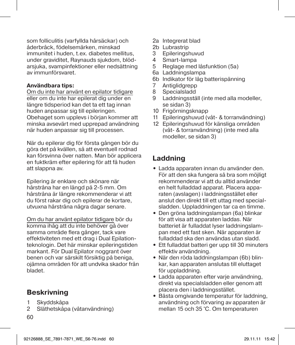 Beskrivning, Laddning | Braun 7771 Silk-épil 7 Dual Epilator Legs User Manual | Page 60 / 74