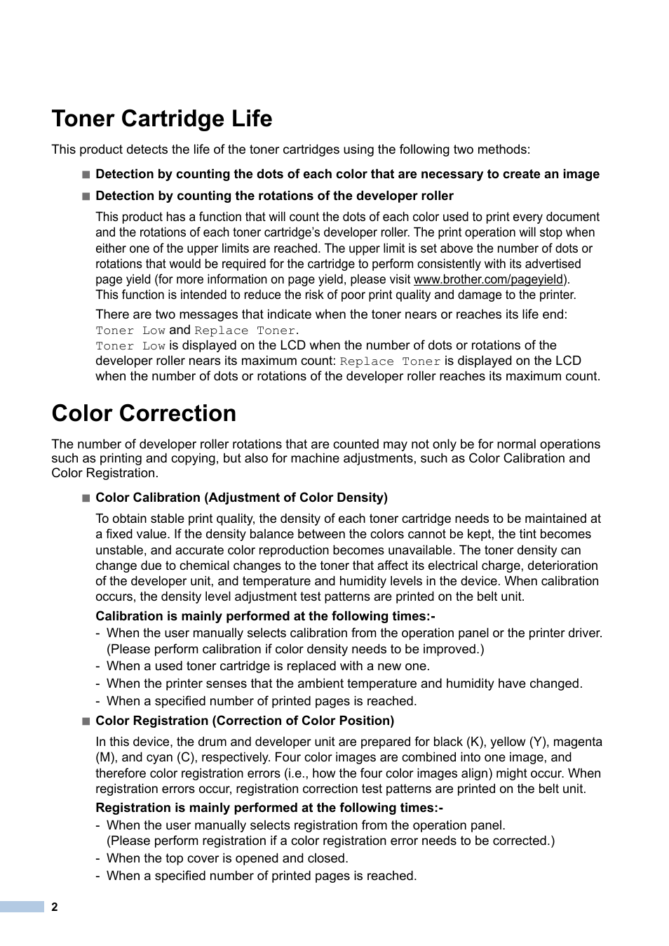 Toner cartridge life, Color correction | Brother MFC-9130CW User Manual | Page 2 / 12