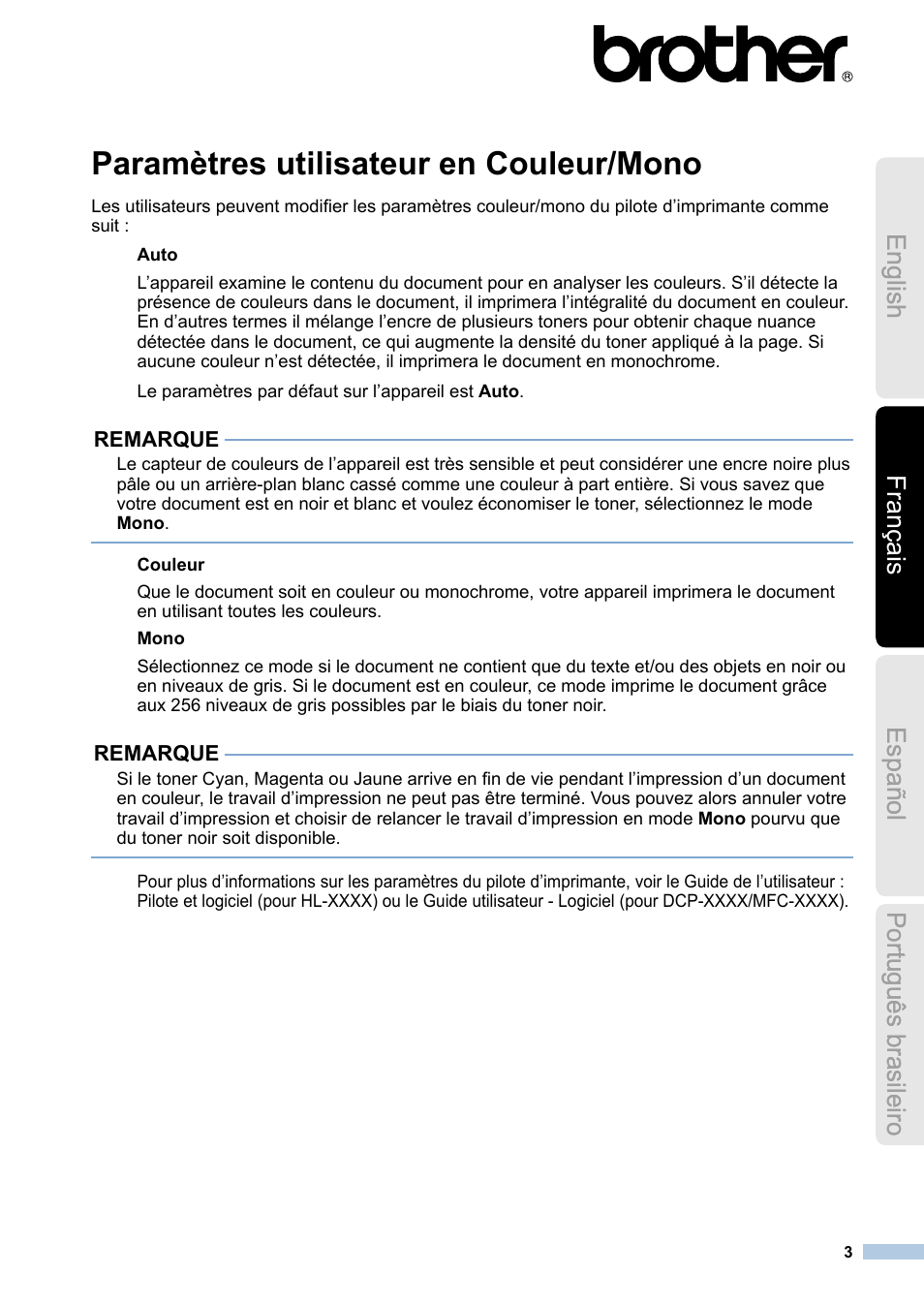 Français, Paramètres utilisateur en couleur/mono | Brother MFC-9130CW User Manual | Page 3 / 12
