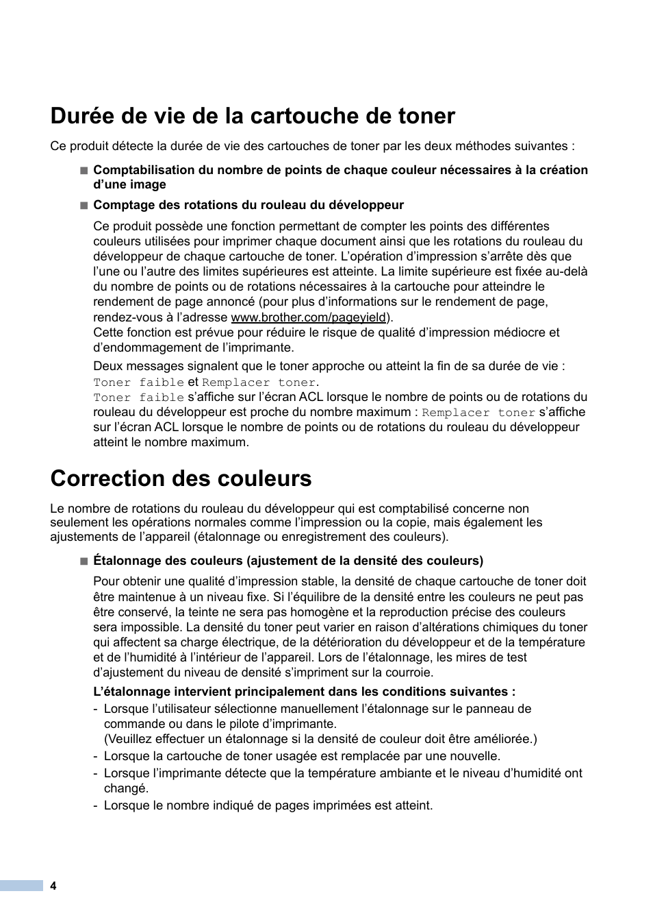 Durée de vie de la cartouche de toner, Correction des couleurs | Brother MFC-9130CW User Manual | Page 4 / 12