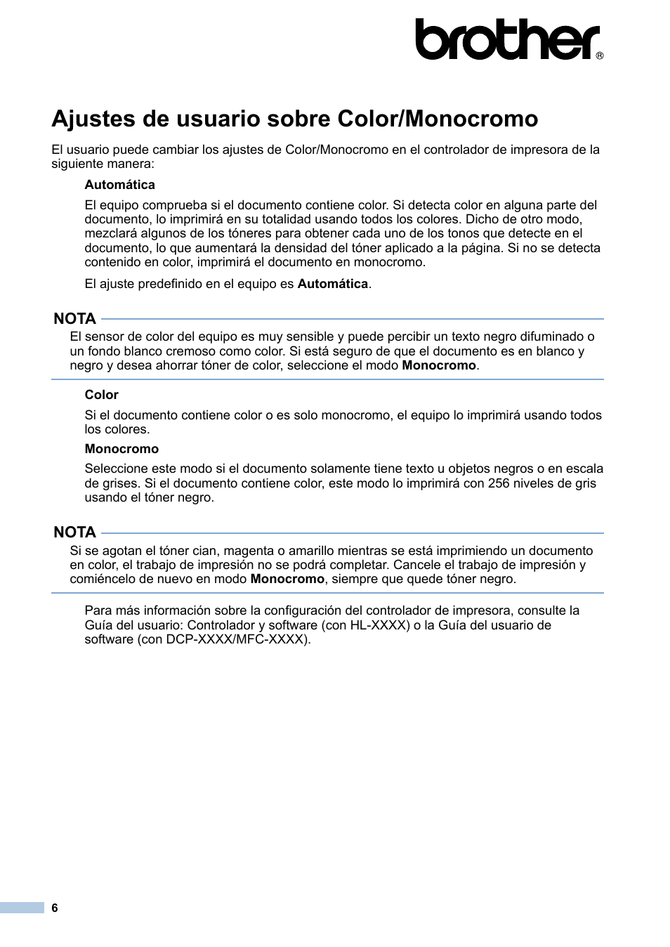 Español, Ajustes de usuario sobre color/monocromo | Brother MFC-9130CW User Manual | Page 6 / 12