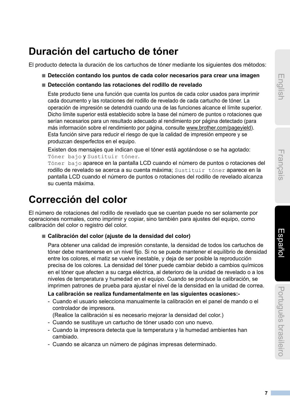 Duración del cartucho de tóner, Corrección del color, English español português brasileiro français | Brother MFC-9130CW User Manual | Page 7 / 12