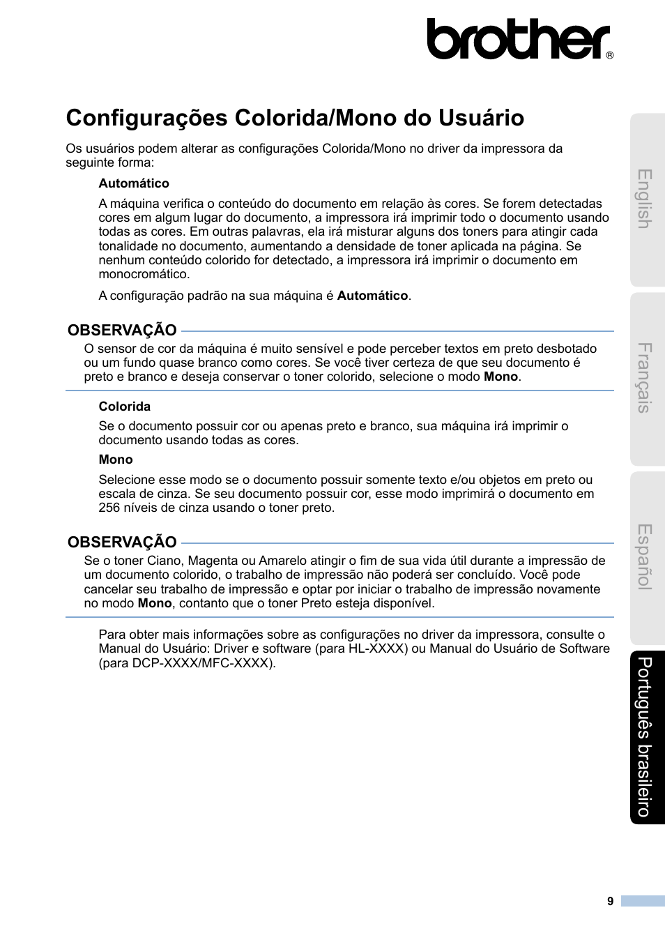 Português brasileiro, Configurações colorida/mono do usuário, English español português brasileiro français | Brother MFC-9130CW User Manual | Page 9 / 12