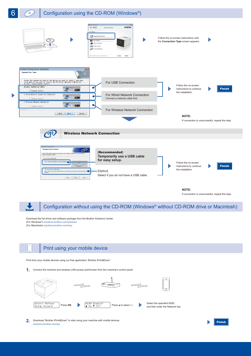 Configuration using the cd-rom (windows, Configuration without using the cd-rom (windows, Without cd-rom drive or macintosh) | Print using your mobile device | Brother HL-L8350CDW User Manual | Page 2 / 2
