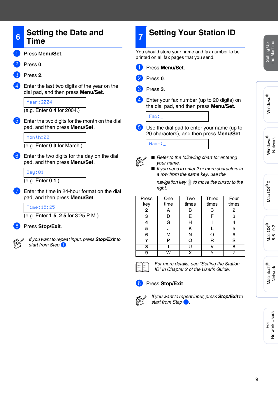 6 setting the date and time, 7 setting your station id, Setting the date and time | Setting your station id, 6setting the date and time, 7setting your station id | Brother MFC-3340CN User Manual | Page 11 / 37