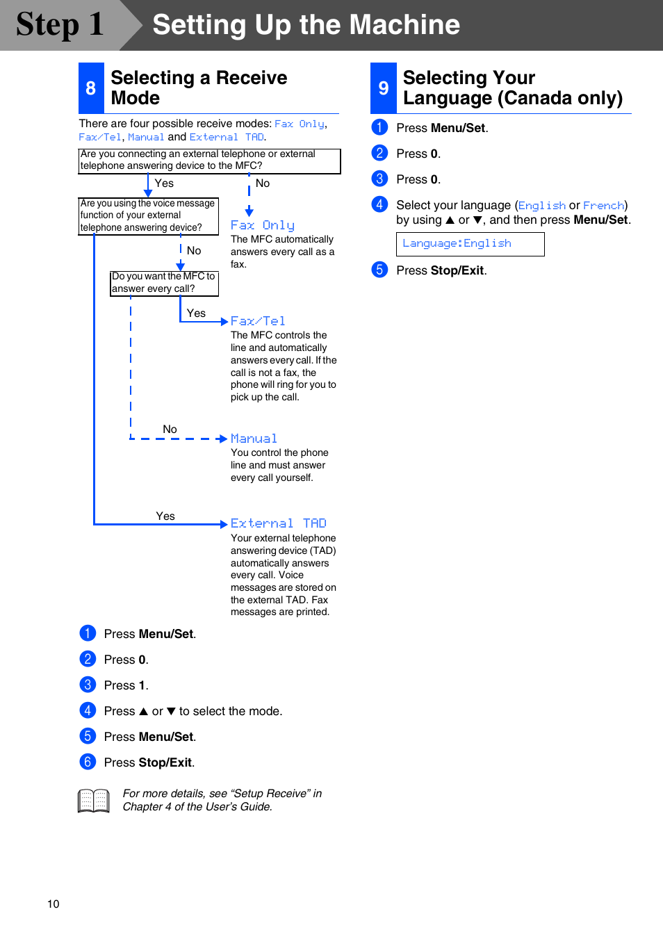 8 selecting a receive mode, 9 selecting your language (canada only), Selecting a receive mode | Selecting your language (canada only), Step 1, Setting up the machine, 8selecting a receive mode, 9selecting your language (canada only) | Brother MFC-3340CN User Manual | Page 12 / 37