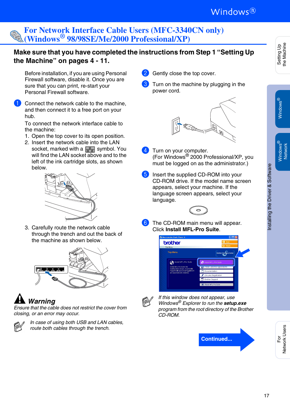 For windows, 98/98se/me/2000 professional/xp, Warning | Brother MFC-3340CN User Manual | Page 19 / 37