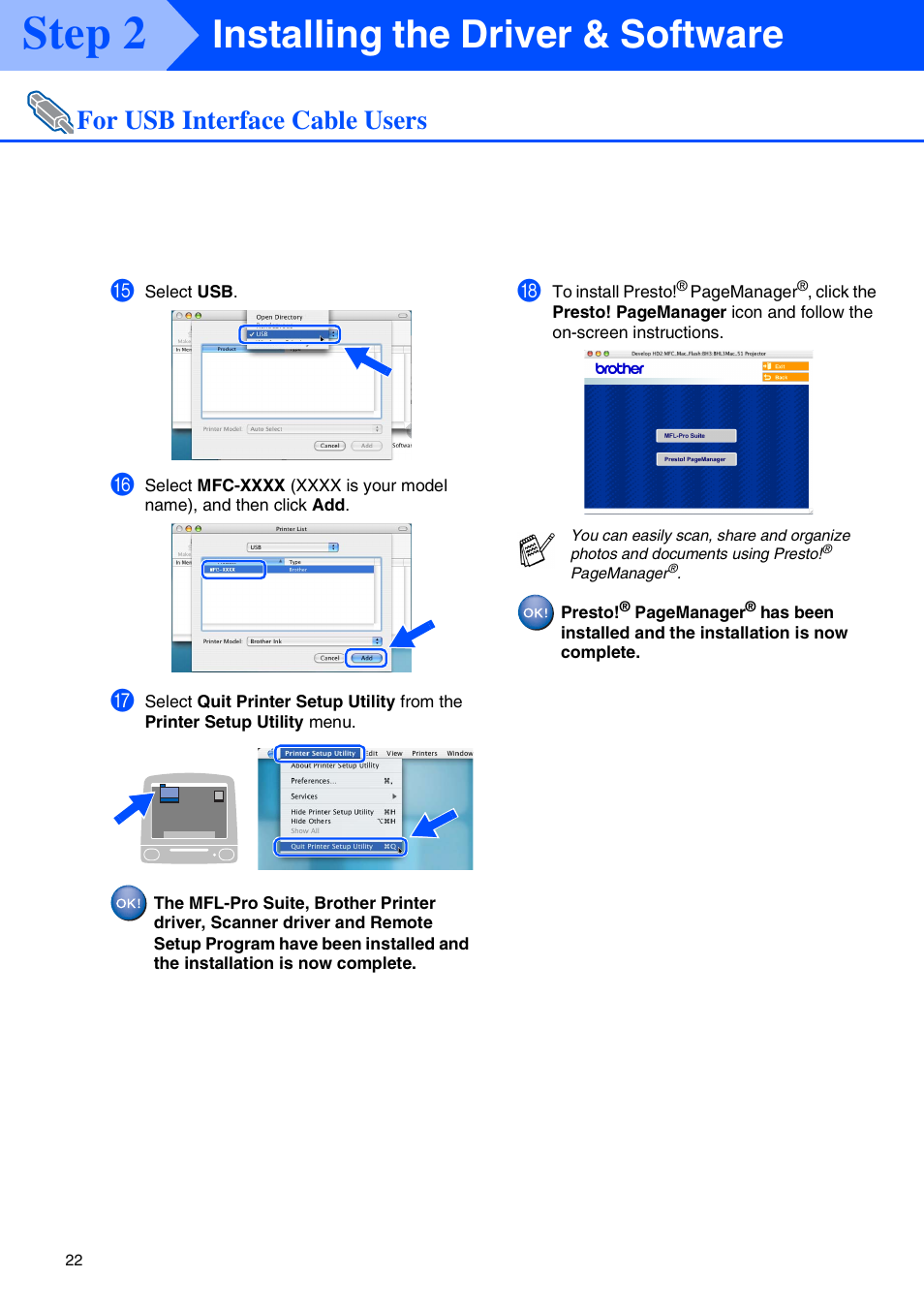 Step 2, Installing the driver & software, For usb interface cable users | Brother MFC-3340CN User Manual | Page 24 / 37