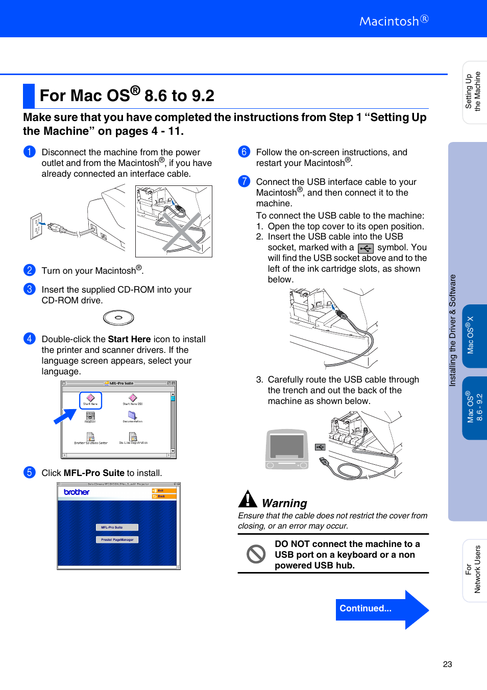 For mac os® 8.6 to 9.2, For mac os, 6 to 9.2 | For usb interface cable users ■ mac os, Warning | Brother MFC-3340CN User Manual | Page 25 / 37