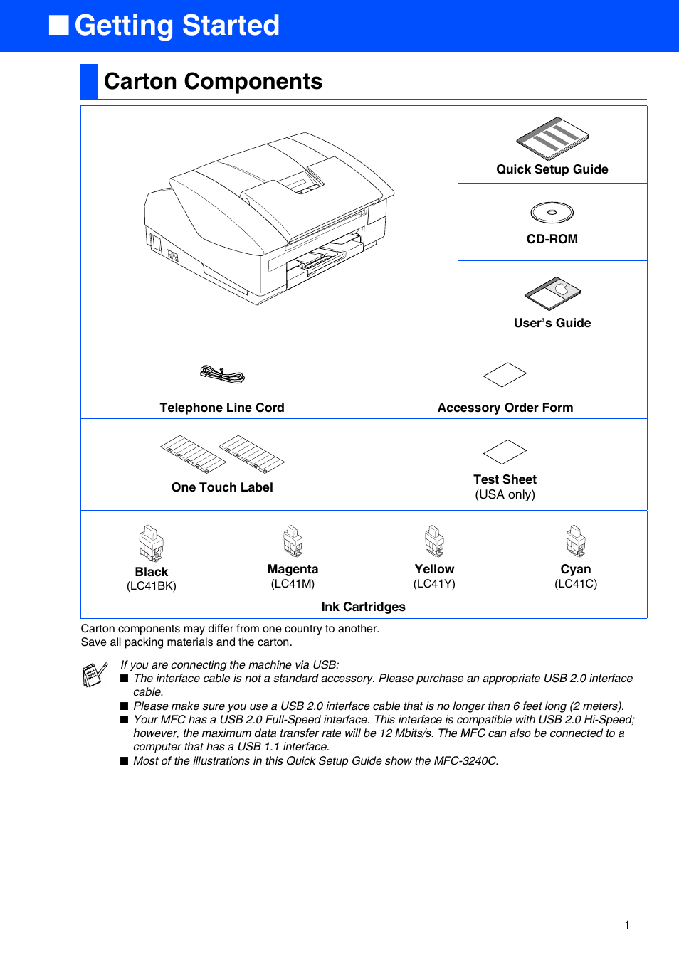 Getting started, Carton components | Brother MFC-3340CN User Manual | Page 3 / 37