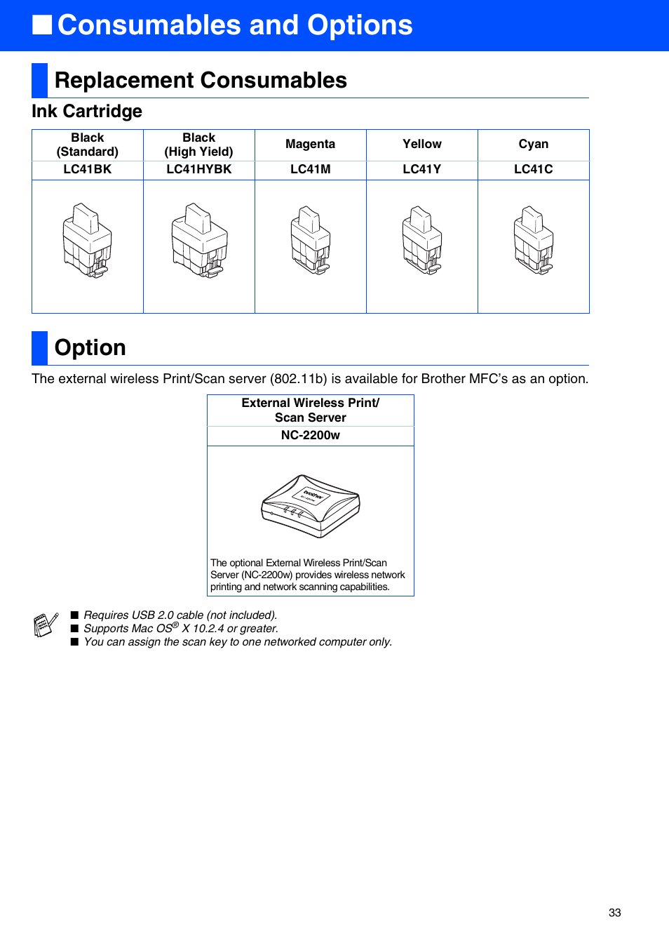 Consumables and options, Replacement consumables, Option | Replacement consumables option, Ink cartridge | Brother MFC-3340CN User Manual | Page 35 / 37