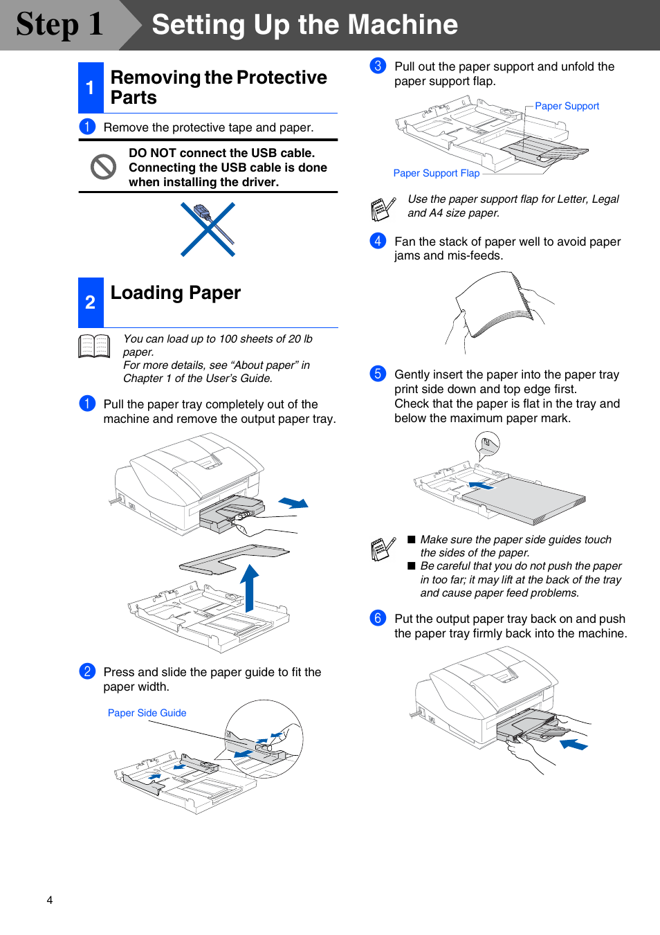 Step1 setting up the machine, 1 removing the protective parts, 2 loading paper | Setting up the machine, Removing the protective parts, Loading paper, Step 1, 1removing the protective parts 2 loading paper | Brother MFC-3340CN User Manual | Page 6 / 37