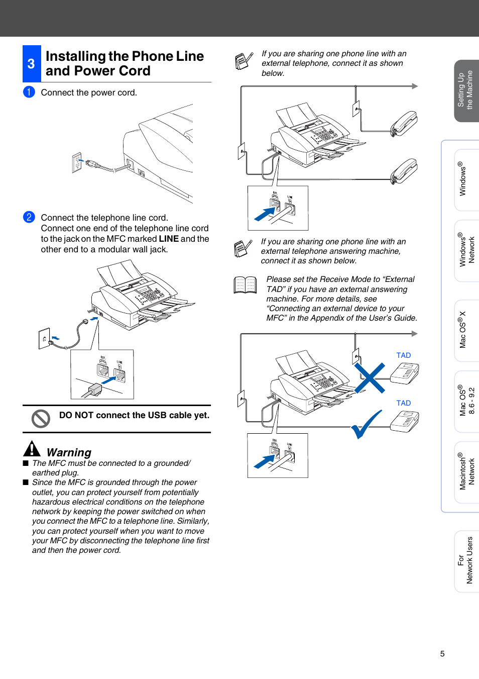 3 installing the phone line and power cord, Installing the phone line and power cord, 3installing the phone line and power cord | Warning | Brother MFC-3340CN User Manual | Page 7 / 37