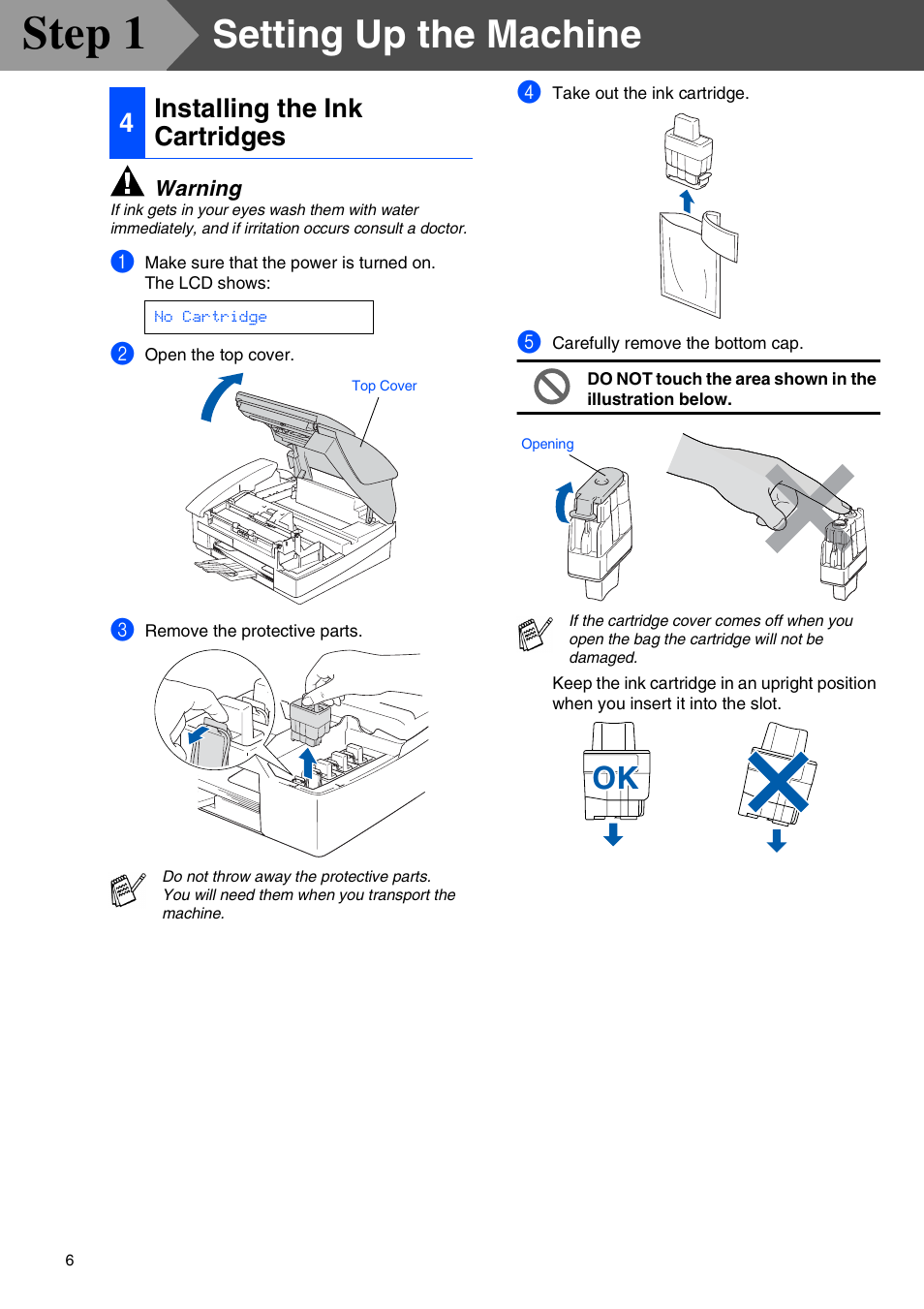 4 installing the ink cartridges, Installing the ink cartridges, Step 1 | Setting up the machine, 4installing the ink cartridges | Brother MFC-3340CN User Manual | Page 8 / 37