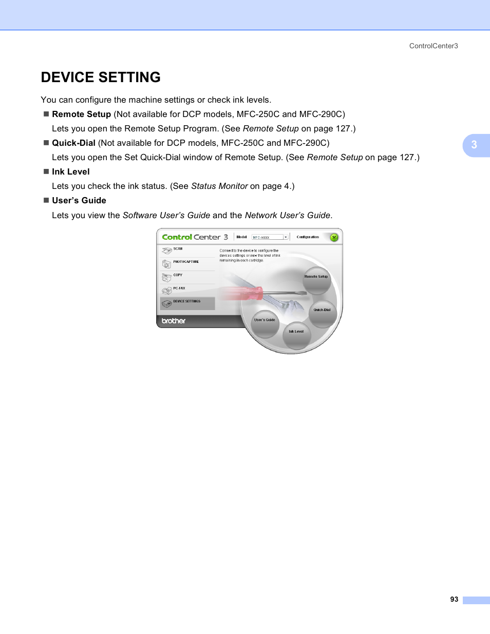 Device setting | Brother DCP-385C User Manual | Page 101 / 256