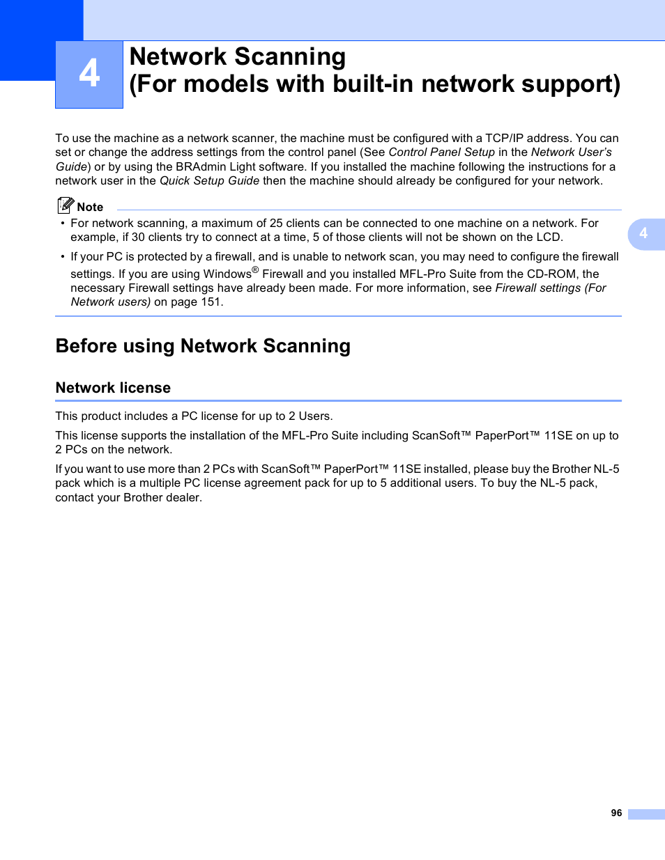 Before using network scanning, Network license | Brother DCP-385C User Manual | Page 104 / 256