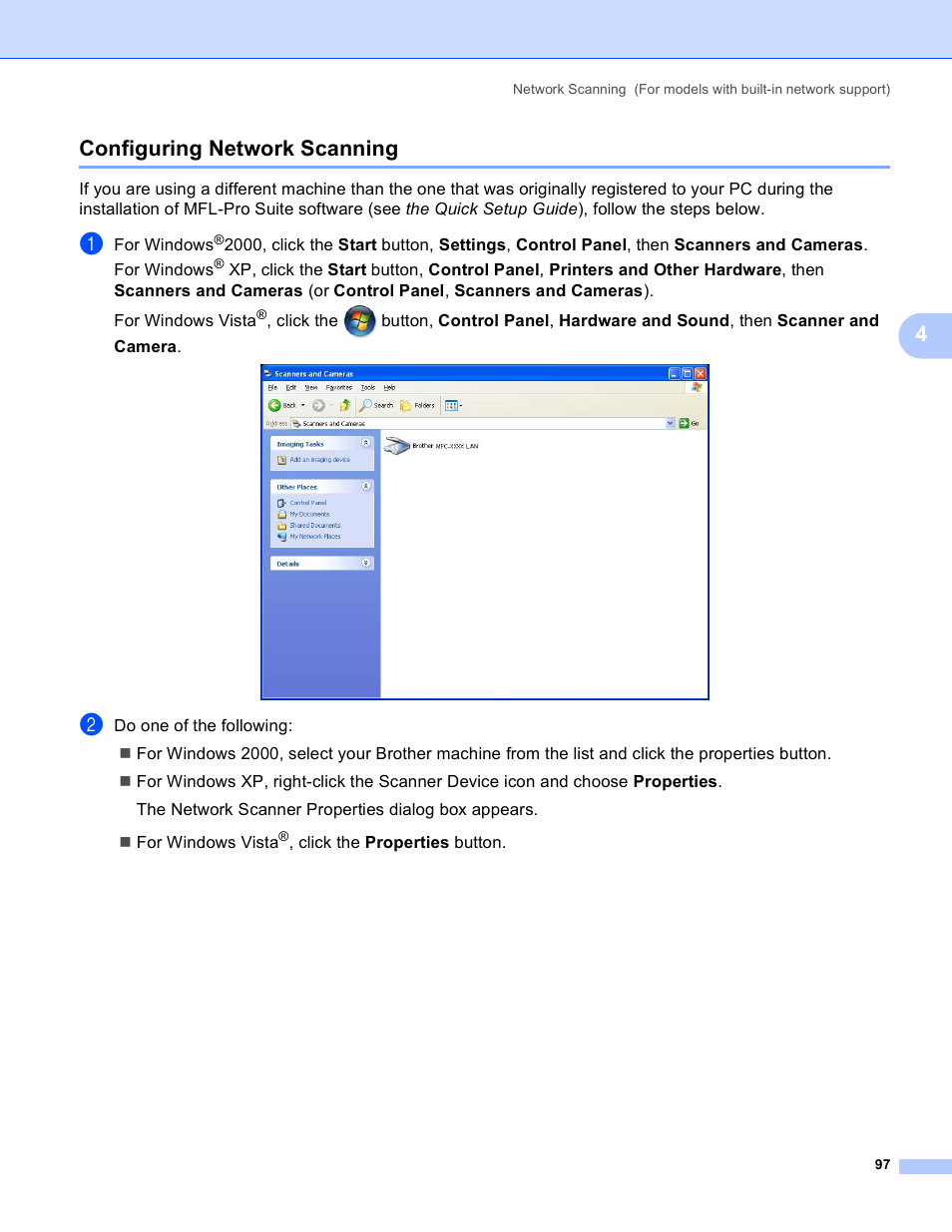 Configuring network scanning, 4configuring network scanning | Brother DCP-385C User Manual | Page 105 / 256