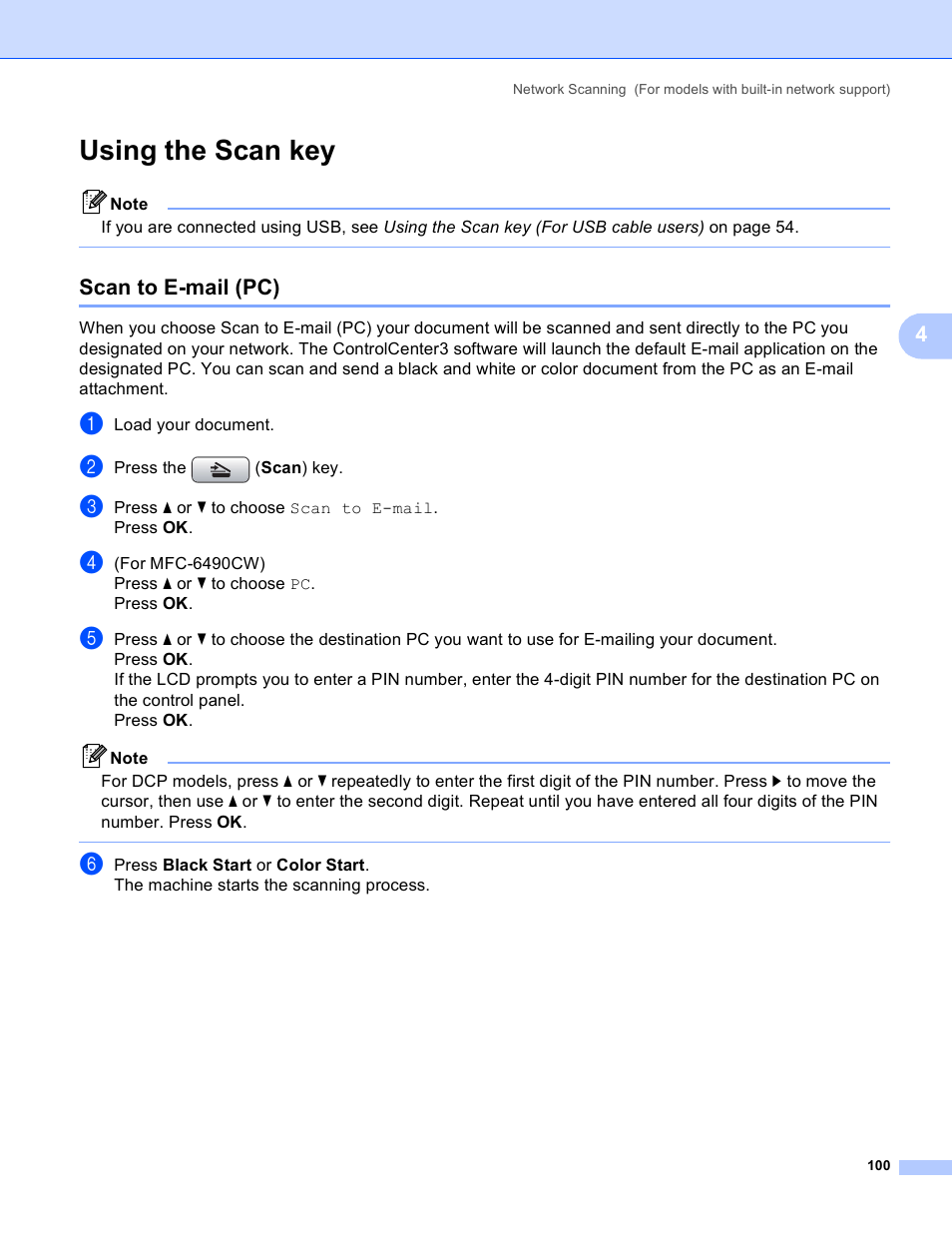 Using the scan key, Scan to e-mail (pc) | Brother DCP-385C User Manual | Page 108 / 256