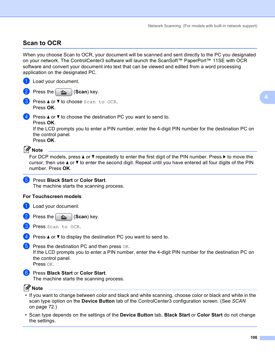 Scan to ocr, 4scan to ocr | Brother DCP-385C User Manual | Page 114 / 256