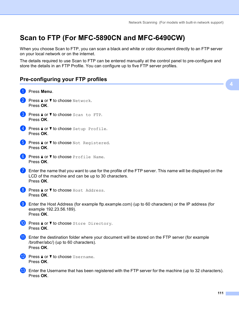 Scan to ftp (for mfc-5890cn and mfc-6490cw), Pre-configuring your ftp profiles | Brother DCP-385C User Manual | Page 119 / 256