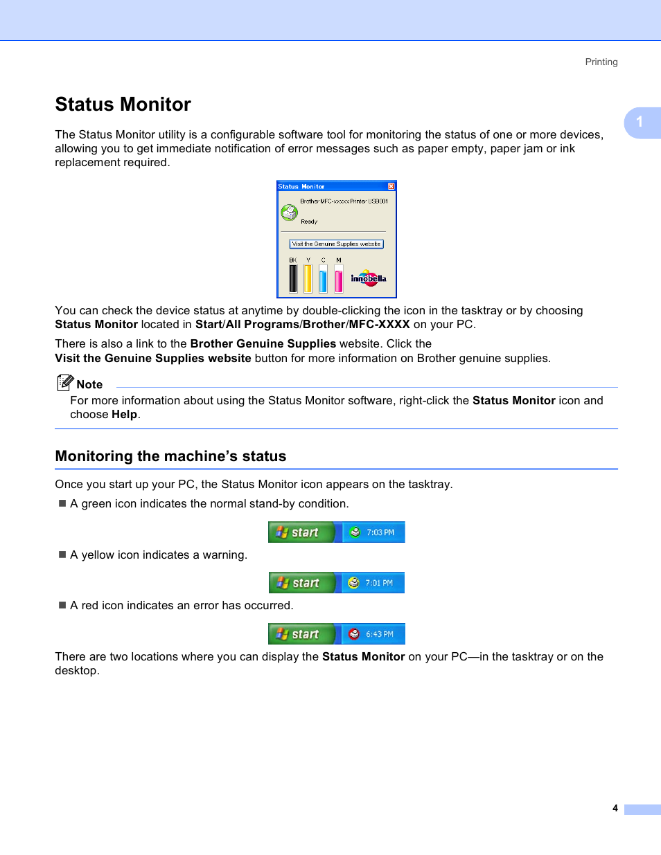 Status monitor, Monitoring the machine’s status | Brother DCP-385C User Manual | Page 12 / 256