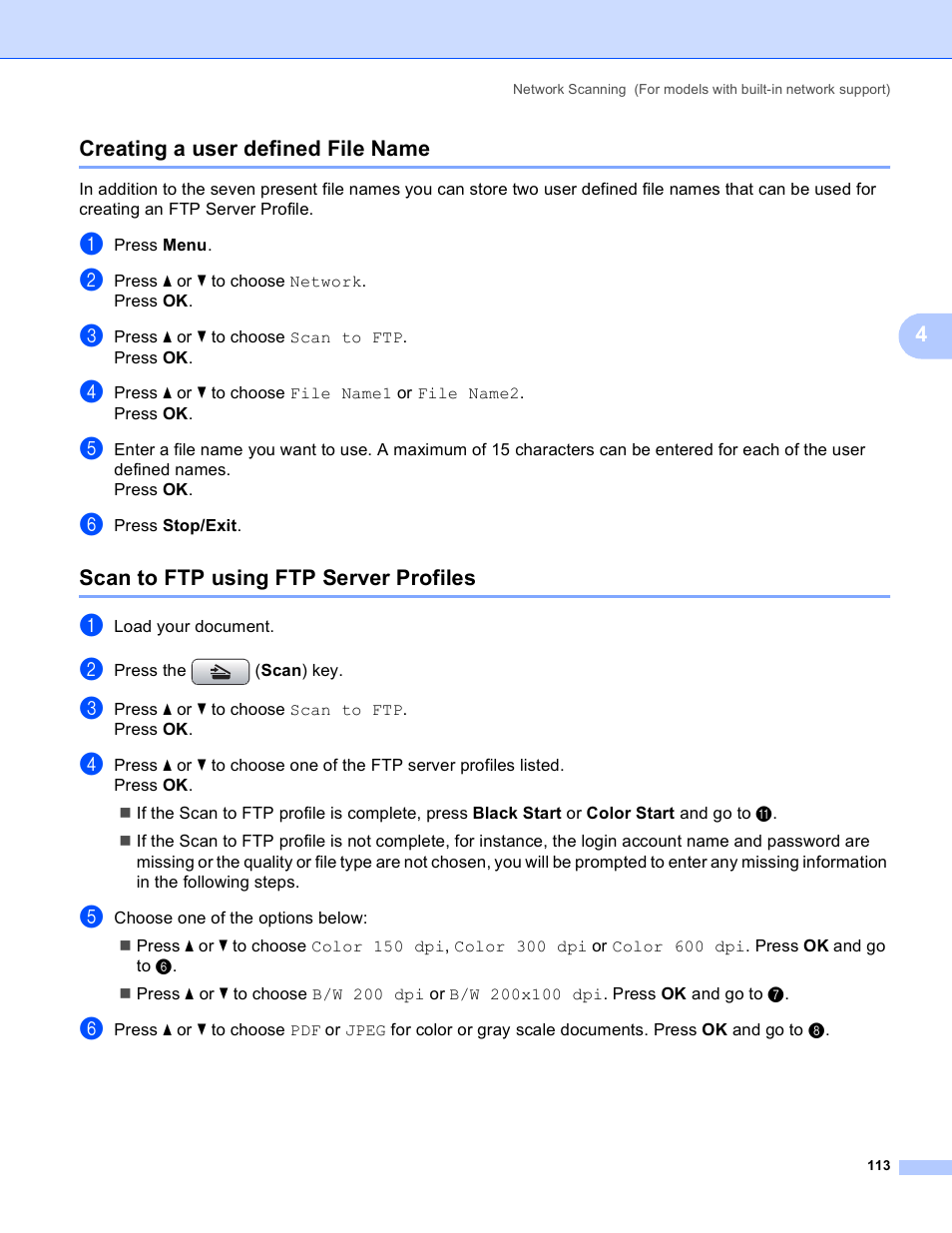 Creating a user defined file name, Scan to ftp using ftp server profiles | Brother DCP-385C User Manual | Page 121 / 256