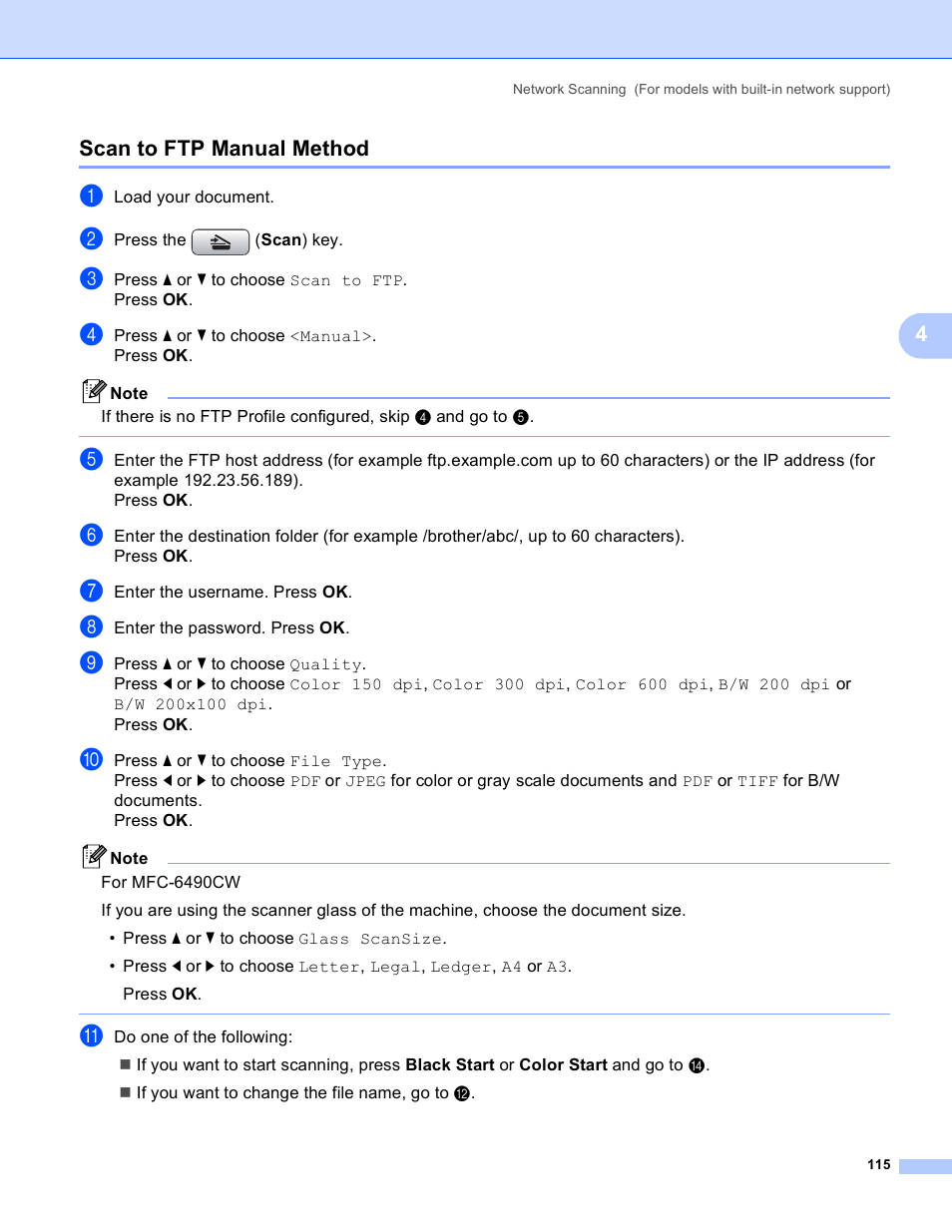 Scan to ftp manual method, 4scan to ftp manual method | Brother DCP-385C User Manual | Page 123 / 256