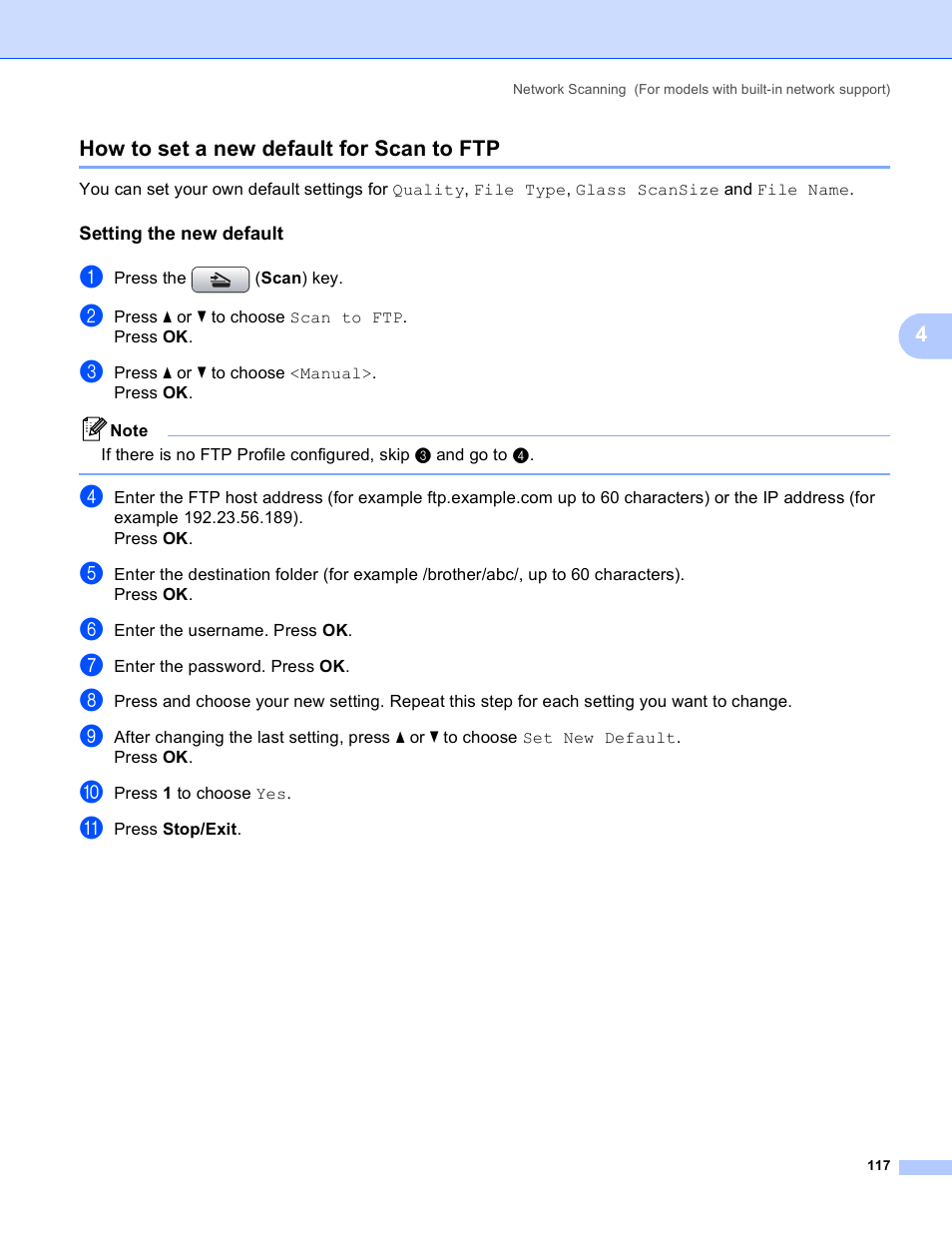 How to set a new default for scan to ftp, Setting the new default, 4how to set a new default for scan to ftp | Brother DCP-385C User Manual | Page 125 / 256