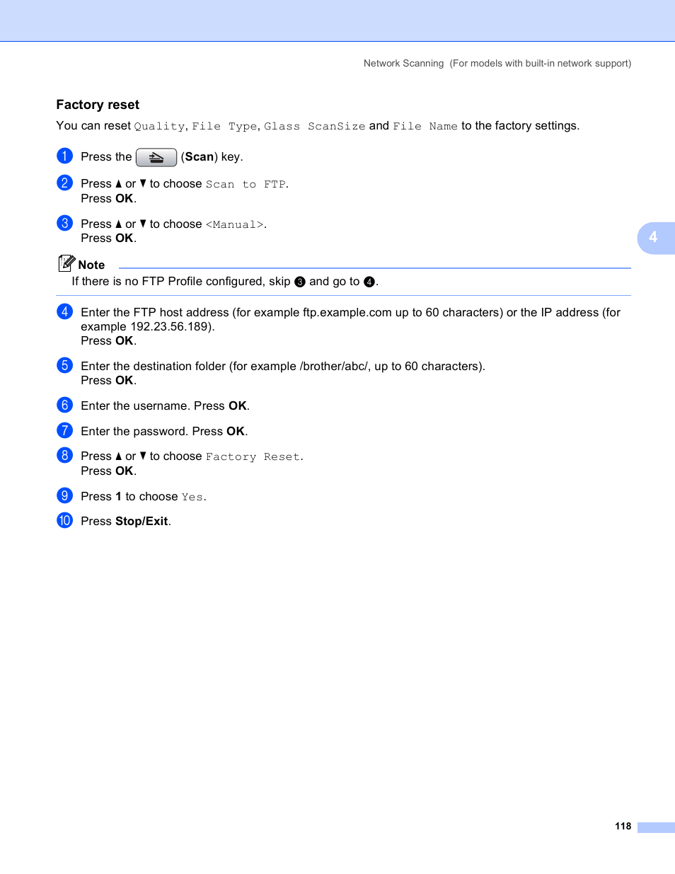 Factory reset | Brother DCP-385C User Manual | Page 126 / 256