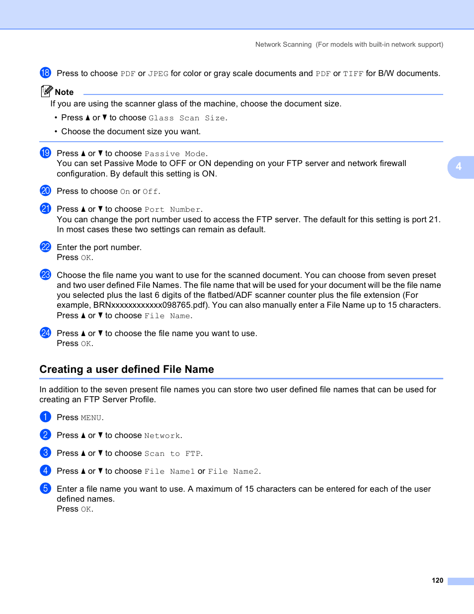 Creating a user defined file name | Brother DCP-385C User Manual | Page 128 / 256