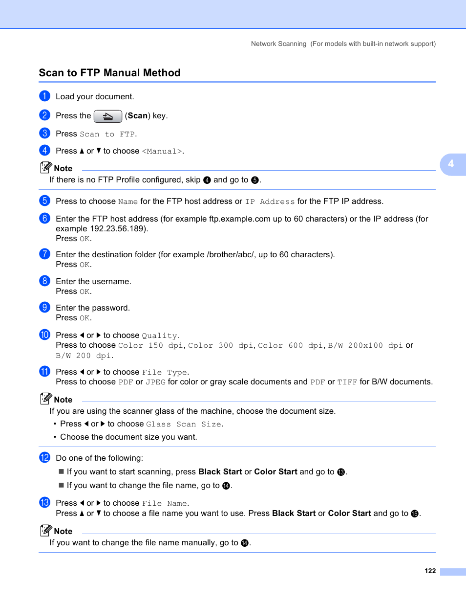 Scan to ftp manual method, 4scan to ftp manual method | Brother DCP-385C User Manual | Page 130 / 256