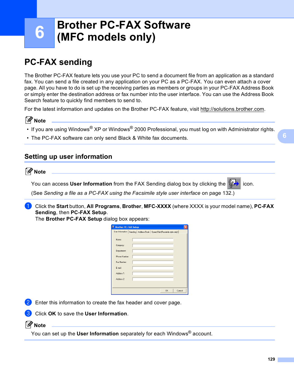 6 brother pc-fax software (mfc models only), Pc-fax sending, Setting up user information | Brother pc-fax software (mfc models only) | Brother DCP-385C User Manual | Page 137 / 256