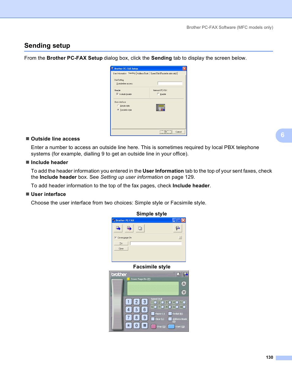 Sending setup, 6sending setup, Facsimile style | Brother DCP-385C User Manual | Page 138 / 256