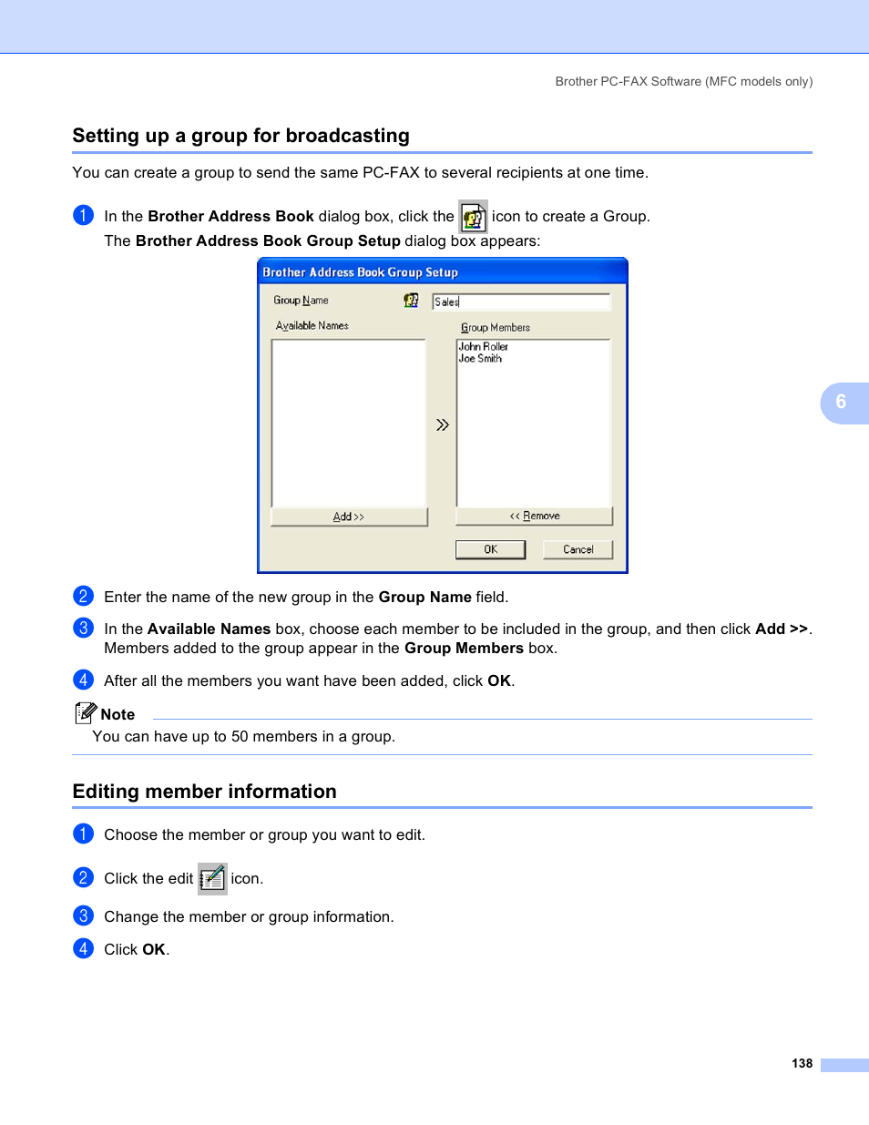 Setting up a group for broadcasting, Editing member information, 6setting up a group for broadcasting | Brother DCP-385C User Manual | Page 146 / 256