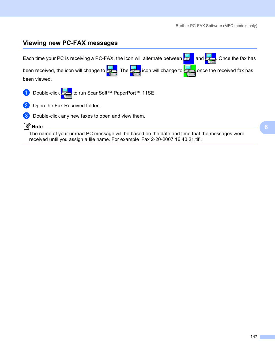 Viewing new pc-fax messages, 6viewing new pc-fax messages | Brother DCP-385C User Manual | Page 155 / 256