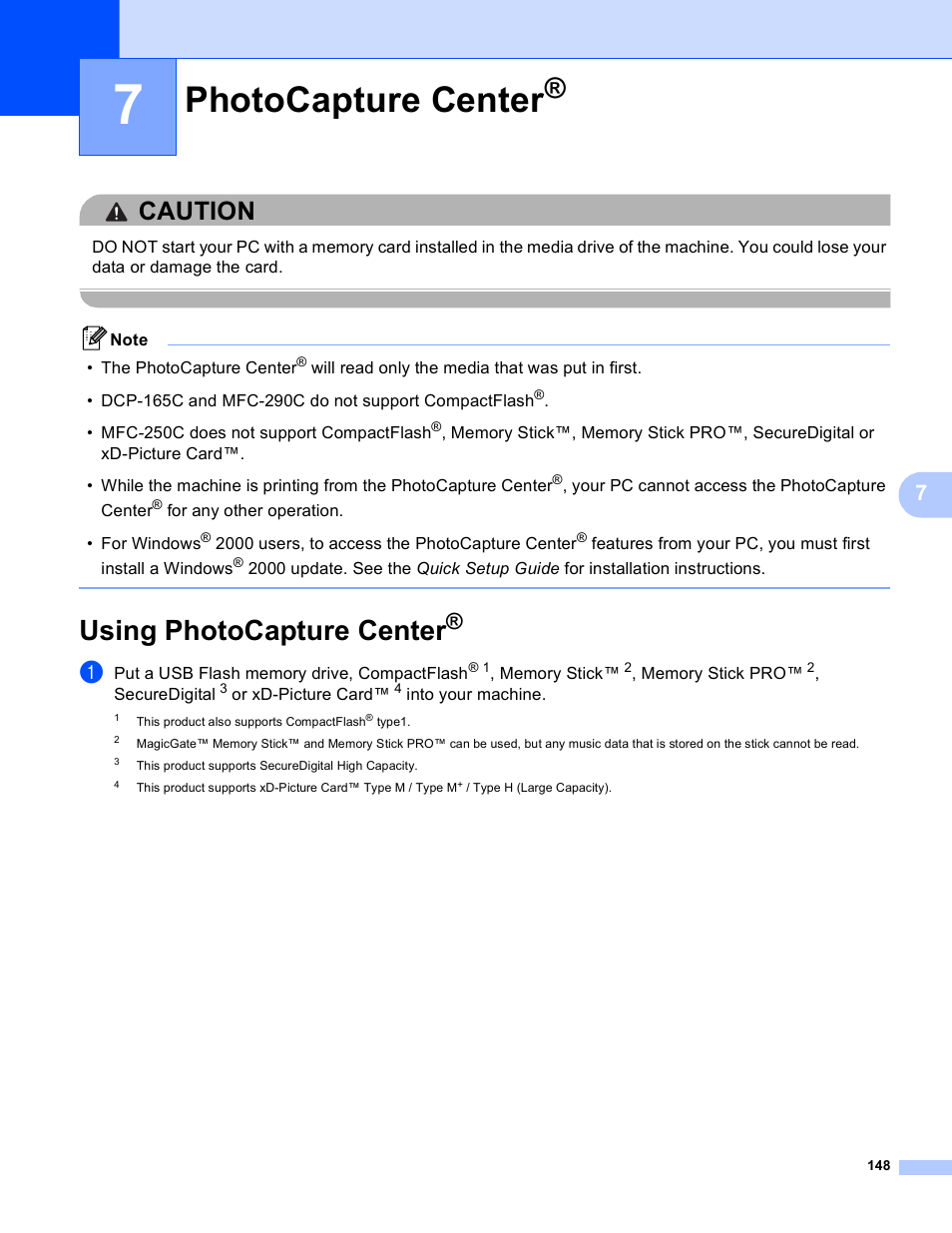 7 photocapture center, Using photocapture center, Photocapture center | Caution | Brother DCP-385C User Manual | Page 156 / 256