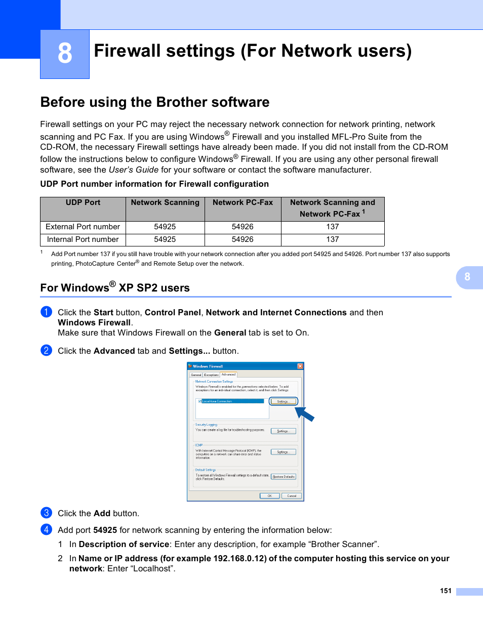 8 firewall settings (for network users), Before using the brother software, For windows® xp sp2 users | Firewall settings (for network users), For windows, Xp sp2 users | Brother DCP-385C User Manual | Page 159 / 256