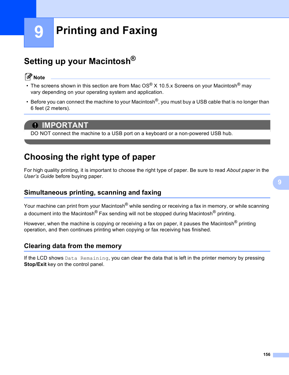 9 printing and faxing, Setting up your macintosh, Choosing the right type of paper | Simultaneous printing, scanning and faxing, Clearing data from the memory, Printing and faxing, Important | Brother DCP-385C User Manual | Page 164 / 256