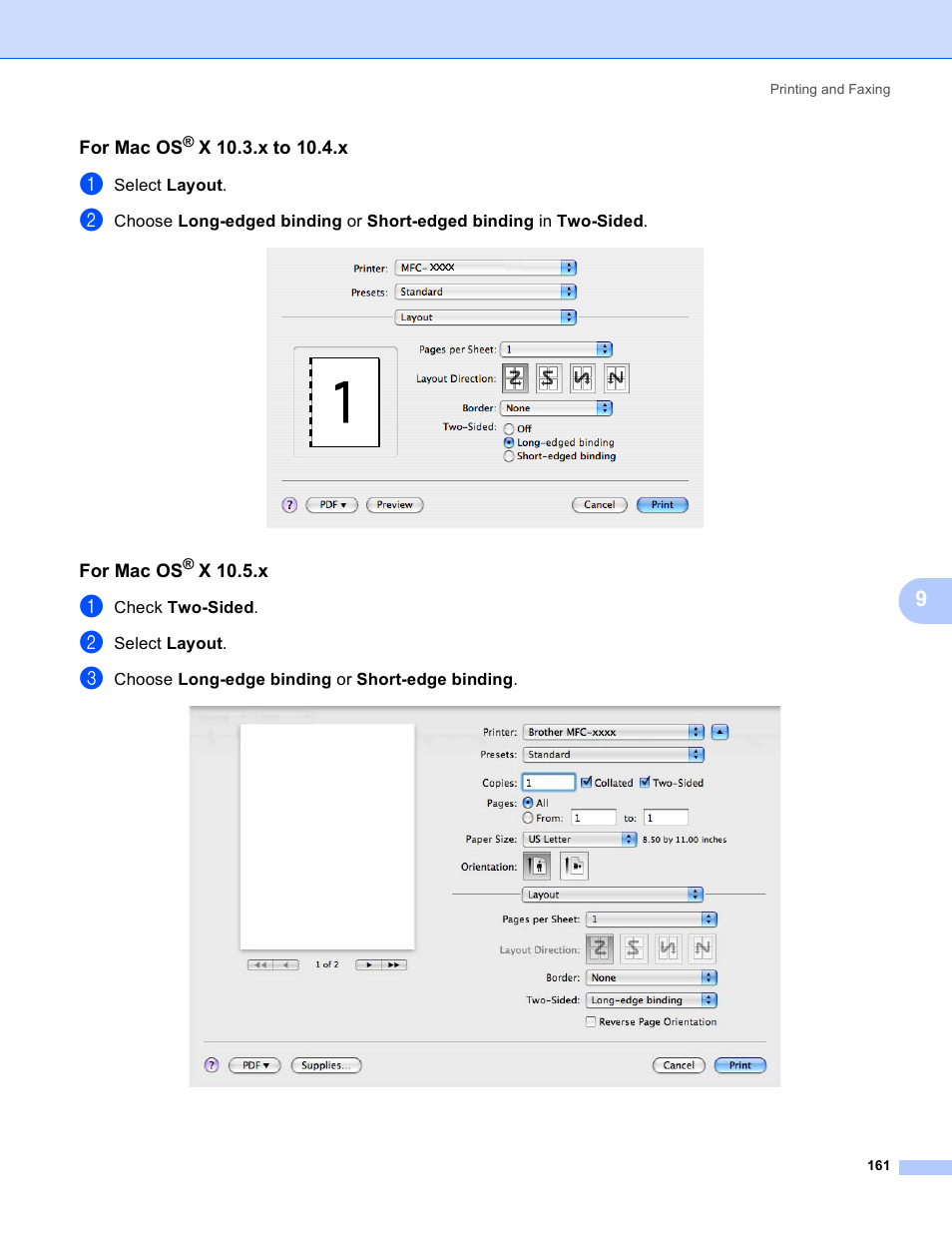 For mac os® x 10.3.x to 10.4.x, For mac os® x 10.5.x | Brother DCP-385C User Manual | Page 169 / 256