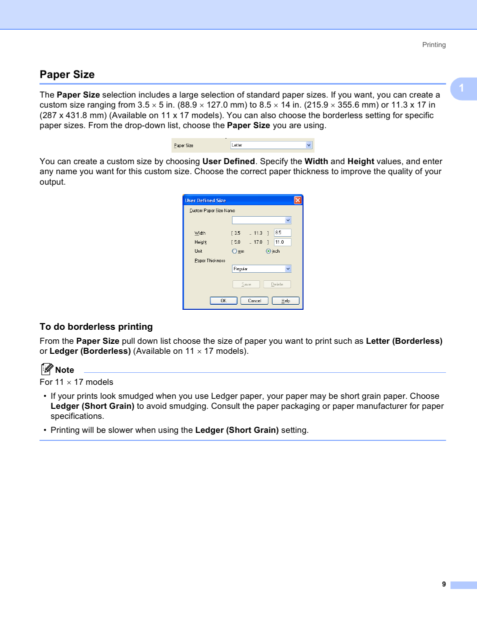 Paper size, To do borderless printing, 1paper size | Brother DCP-385C User Manual | Page 17 / 256