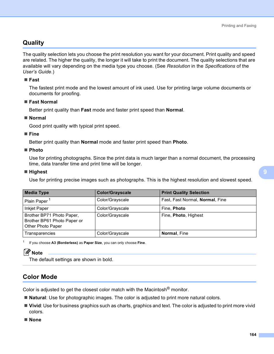 Quality, Color mode, Quality color mode | 9quality | Brother DCP-385C User Manual | Page 172 / 256