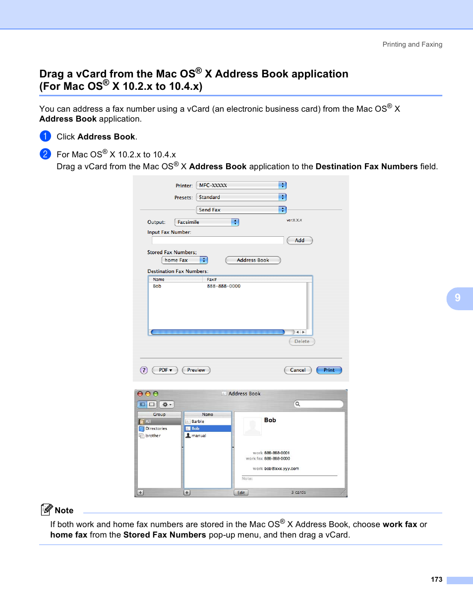 Drag a vcard from the mac os, X address book application, For mac os | X 10.2.x to 10.4.x), 9drag a vcard from the mac os, X address book application (for mac os | Brother DCP-385C User Manual | Page 181 / 256