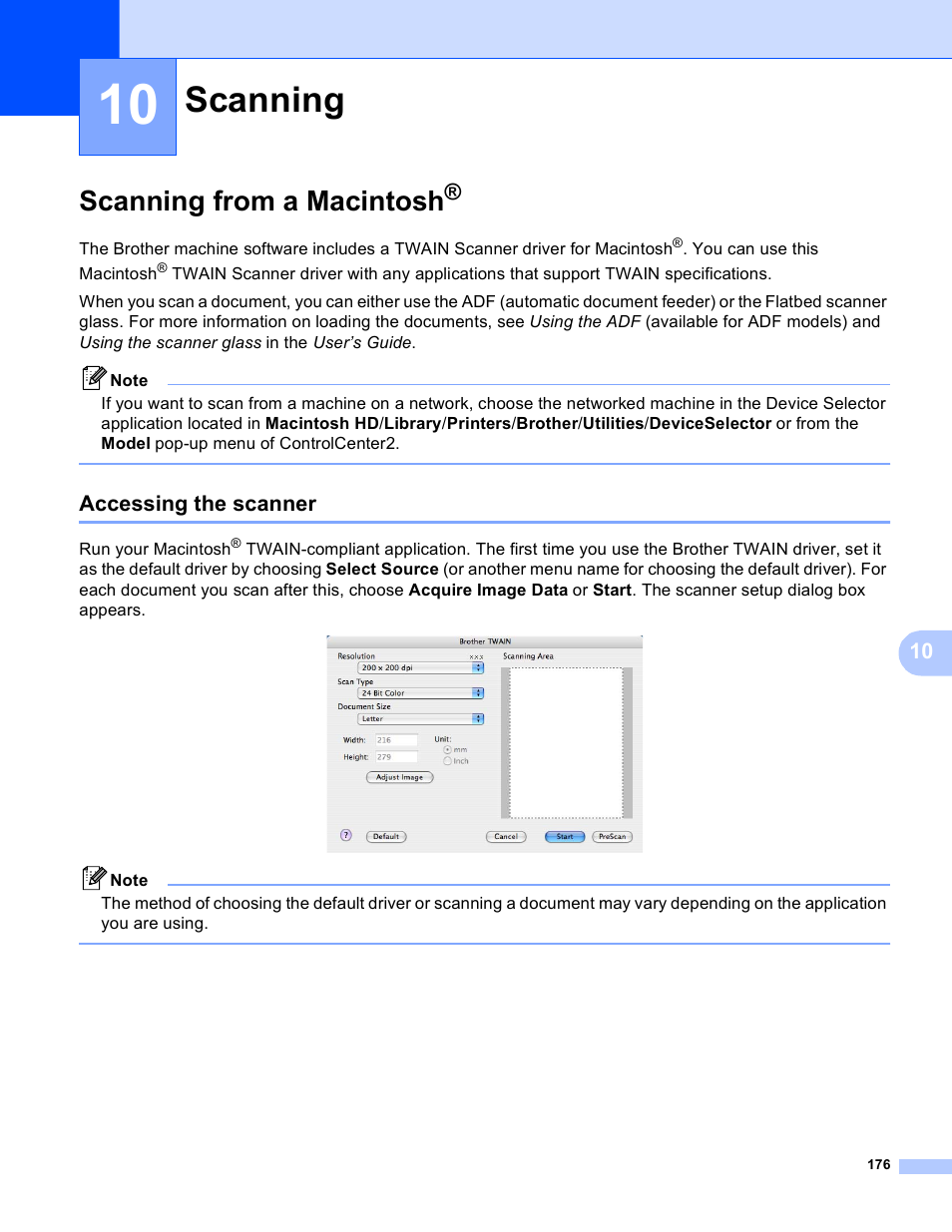 10 scanning, Scanning from a macintosh, Accessing the scanner | Scanning | Brother DCP-385C User Manual | Page 184 / 256